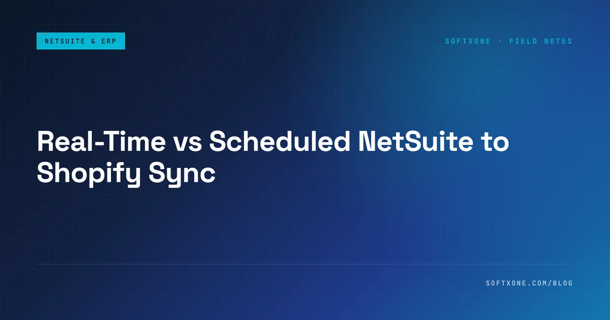 Title card for the NetSuite to Shopify sync decision guide, navy with blue-to-cyan gradient bar