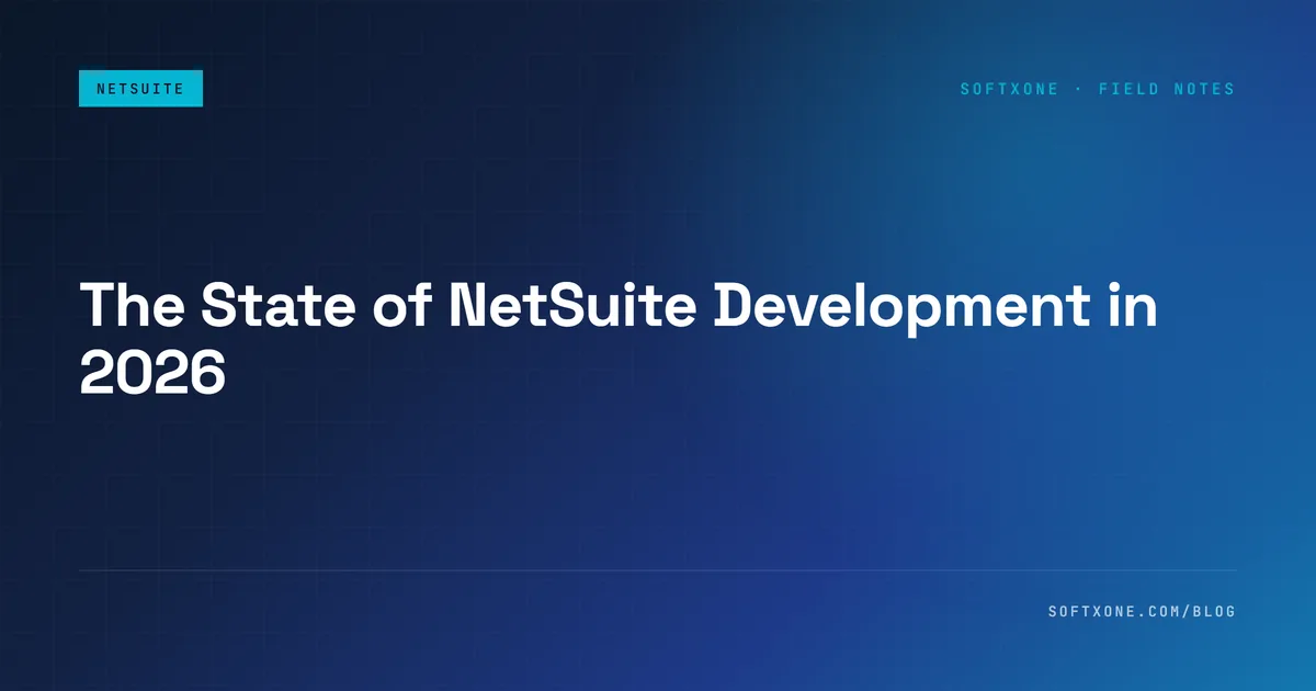 NetSuite-category hero card: "The State of NetSuite Development in 2026" with the Softxone wordmark