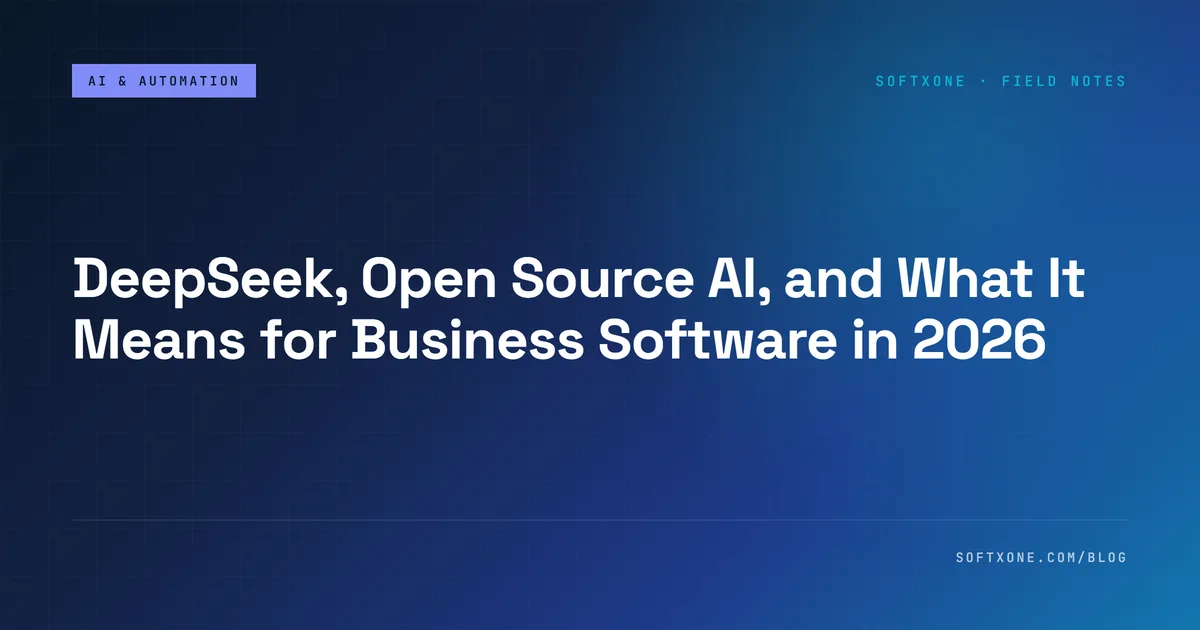 DeepSeek and open-source AI for business software in 2026 — SoftXone guide cover