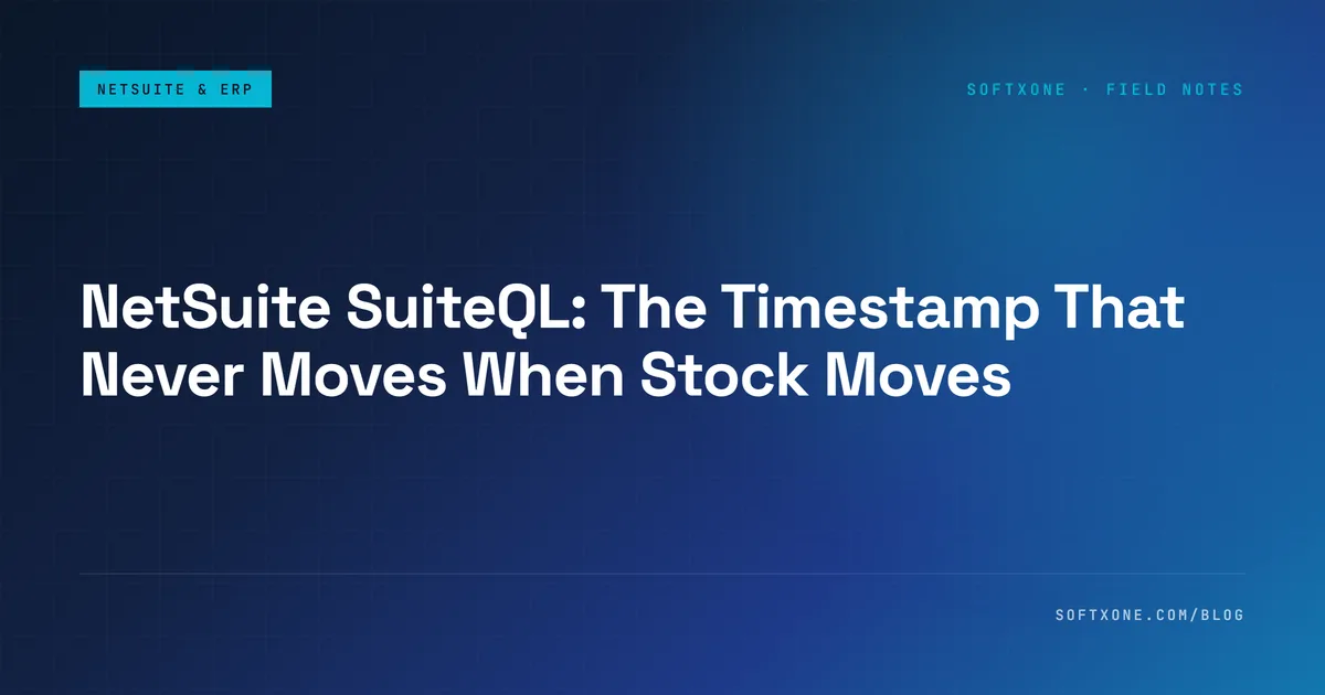 NetSuite SuiteQL guide title card: the item timestamp that never moves when stock moves